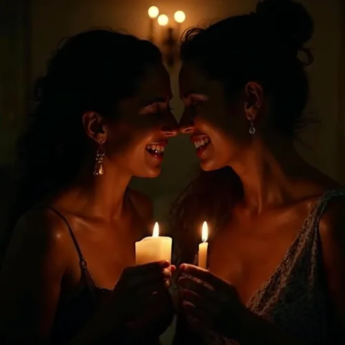 Pareja del mismo género feliz a la luz de velas