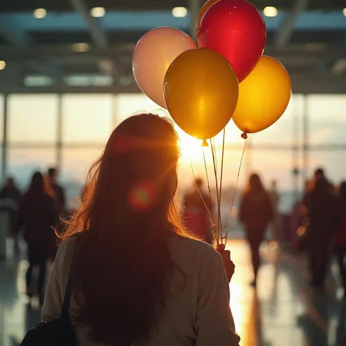 Reencuentro de pareja en aeropuerto con globos